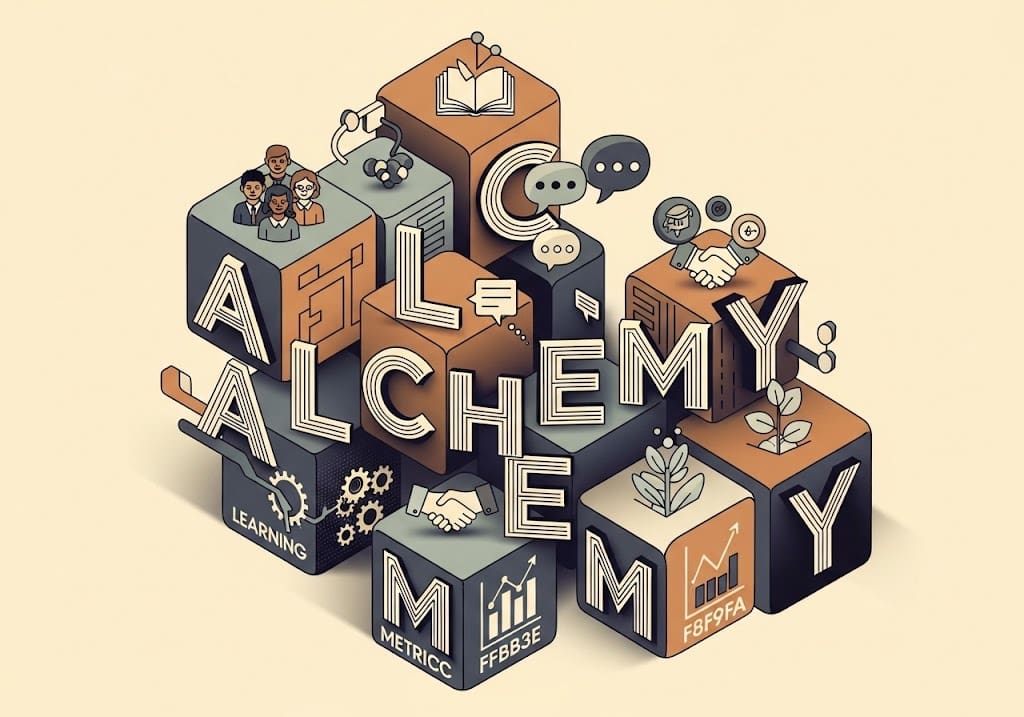 En kompleks, men klar, visuell representasjon av ALCHEMY-akronymet (A, L, C, H, E, M, Y) som intrikate byggesteiner eller et stjerneskudd som leder til en vellykket nettside.