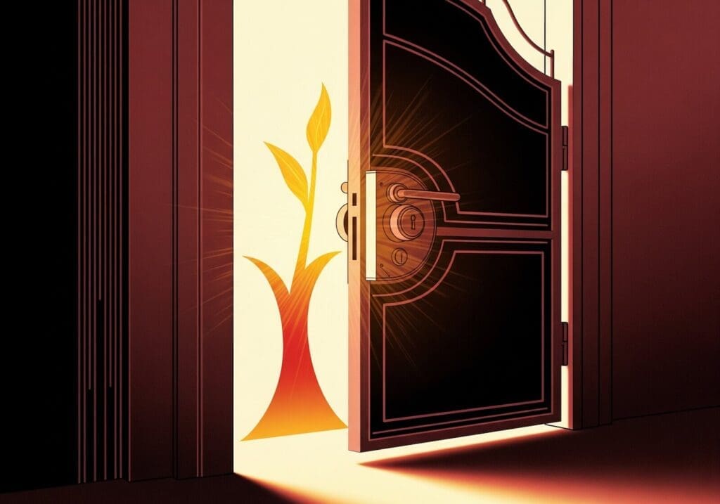 An Art Deco illustration of a large, elegant dark door slightly ajar, with a bright golden light streaming out, revealing a vibrant golden plant symbolizing growth and potential. The scene conveys clarity and new opportunities.